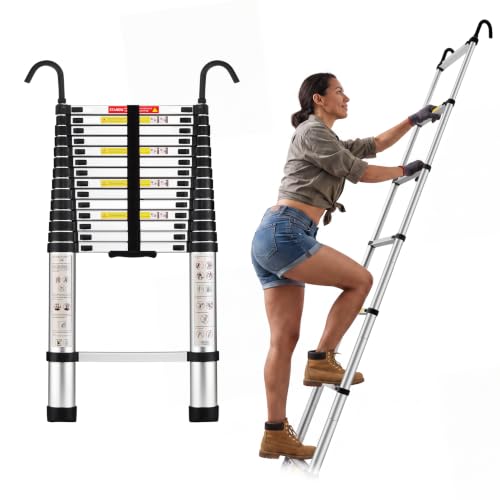 Image of STANEW Aluminium Telescopic Ladder 4.4 M, Ladders Extendable with Detachable Hooks, Portable Ladders Extendable with Non-Slip Feet,Max Load 150 KG