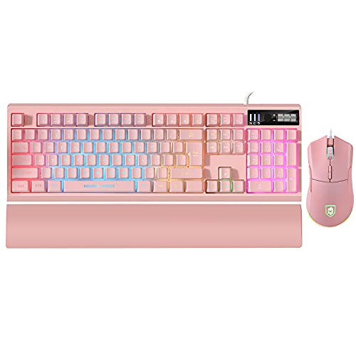 Pink RGB Gaming Keyboard and Mouse Combo,RGB Backlit Mechanical Feel Gaming Keyboard with Ergonomic Detachable Wrist Rest, Programmable 7200 DPI RGB Gaming Mouse for Windows PC Mac Office/Gaming