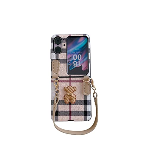 Unichthy Case for OPPO Find N2 Flip Case Plaid with 3D Bear Cute Design Shockproof Protective Cover Bumper Full Protection Phone Case Cover with Leather Strap for OPPO Find N2 Flip 5G 2023