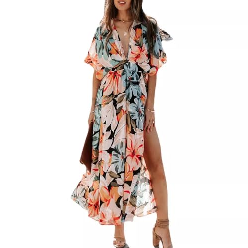 fdsmall Damen Sommer Boho Maxi Kleid Wrap V-Ausschnitt 1/2 Ärmel Floral Seite Split Flowy A Linie Casual Beach Long Midi Kleid (DE/NL/SE/PL,...