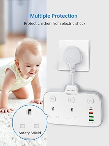 Plug Extension With USB, Nestling 2 Way Extension Lead Power Socket Plug With 4 USB D Fast Charger Total 20W Max , 2500W Multi Wall power Adaptor 6-in-1 for Home, Office, Kitchen, Travel