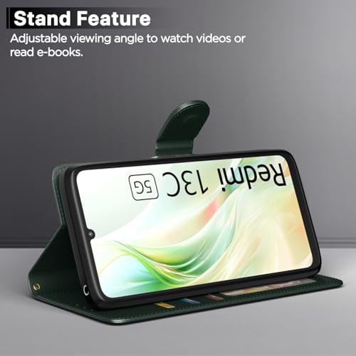 Image of Pikkme Flip Cover for Redmi 13C 5G | Leather Finish | Shockproof with Card Pockets & Wallet Stand | Ultimate Protection Case (Green)