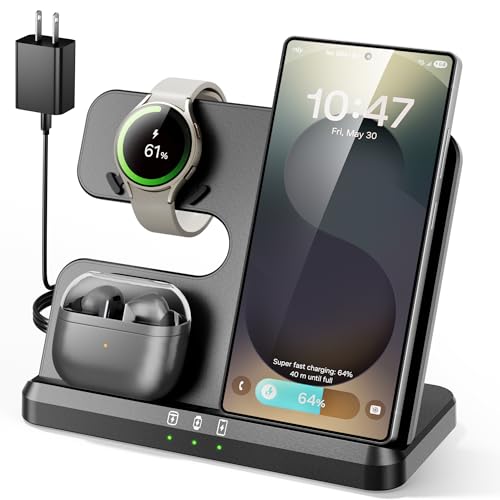 Eddibox 3 in 1 Charging Station for Samsung, Wireless Charger Stand for Galaxy S25 Ultra/S24/S23/Z Fold, Phone and Watch Charger Fast Charging for Samsung Watch Galaxy 8/7/6/5, Galaxy Buds 3/2/Pro