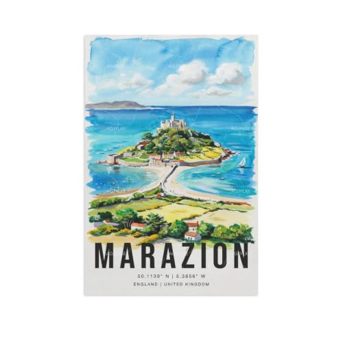 Impression Marazion aquarelle de grand paysage urbain vintage 60x90