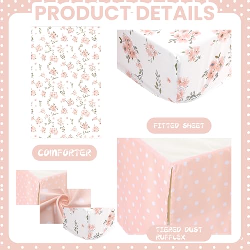 Image of Hahafelt 3 Pcs Pink Floral Baby Crib Bedding Set for Girls, Flower Baby Crib Sets for Newborn, Infant Toddler Nursery Bed Set Decor with Fitted Sheet, Dust Ruffle, Comforter