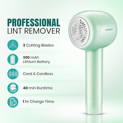 Image of VGR V-813 Professional Lint Remover for Clothes, Rechargeable Fabric Shaver with Stainless Steel Blades, USB Type-C Charging, Powerful Fuzz Remover for Sweater, Wool, Blanket & Furniture, Pastal Green