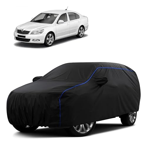 Image of Sulfar 100% Water Resistant Car Body Cover Compatible with Mirror for Skoda Laura (Triple Stitched, Full Bottom Elastic, Black Tafetta with Blue Piping)