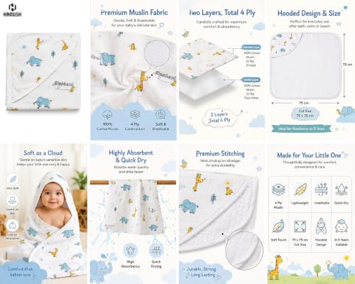 Image of HANUSH 100% Organic Muslin Cotton Hooded Baby Towel - Cute Giraffe & Elephant Print | Ultra Soft, Super Absorbent, Lightweight & Quick Dry Bath Wrap (75x75 cm) for Newborns & Toddlers (0-3 Years)