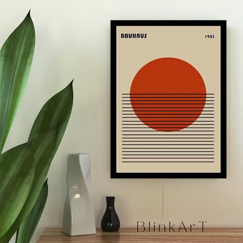 Image of BLINKART Vintage Bauhaus Retro Geometric Aesthetic Poster Gallery | Colorful Wrap Framed For Home Office Studio Living Room Modern Art Studio Decoration Abstract Shapes | (d144) | 13x10 Inch