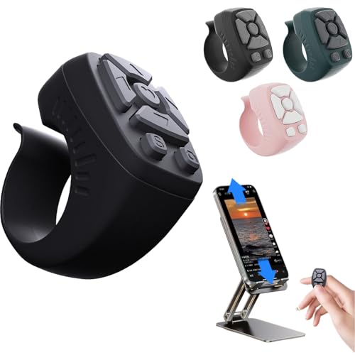 fingertip Wireless Bluetooth Remote Control with Scroll Ring for iPhone and Android, Automatic Scrolling Ring Page Turner Remote Camera Video Recording (Black)