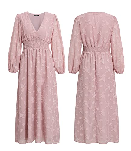 Image of Simplee Women's Long Sleeve Maxi Dress Burnout Floral V Neck Formal Dress(XL Pink)