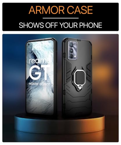 Image of WOW IMAGINE Shock Proof Back Case Mobile Cover for Realme GT Master Edition (Tough Armor | Hybrid PC + TPU | Full Protection with Ring Holder & in-Built Kickstand | Black)