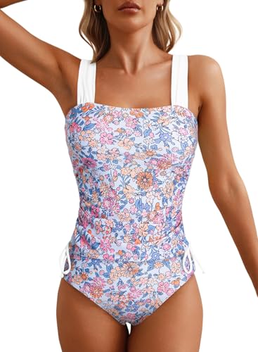 Aleumdr Women 2 Piece Tummy Control Tankini Swimsuit Bathing Suit Ruched Side Drawstring Tankini Top Bikini Bottom Swimwear Floral Pink XX-Large