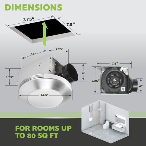 Image of Homewerks Worldwide 7117-01-BN Bathroom Fan Integrated LED Light Ceiling Mount Exhaust Ventilation 1.1 Sones 80 CFM, Brushed Nickel