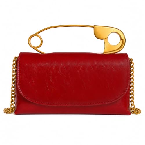 Image of Women's Small Soft Pin Shaped Vegan Leather Crossbody Purse Bag with Gold Metallic Handles & Chain