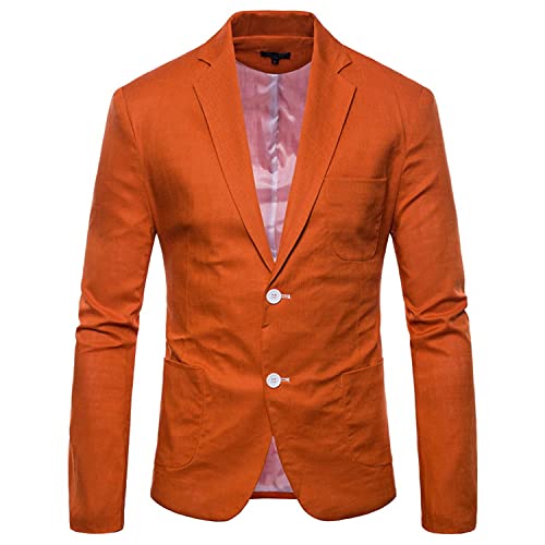 Men's Classic 2 Buttons Slim Fit Cotton Linen Suit Blazers Casual Lightweight Jacket Sport Coat Lapel Spring Autumn Blazer (Orange,XX-Large)