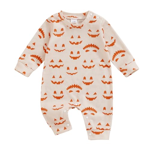 Image of Halloween Baby Clothes Boy Girl Pumpkin Patch Romper Long Sleeve Jumpsuit Infant Fall Winter Outfit (Halloween Pumpkin White, 3-6 Months)