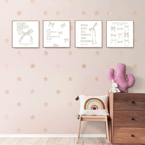 Image of LARTSFRO Coquette Beige Bow Wall Art Decor Posters, Beige Bow Christian Room Bedroom Bathroom Dorm Wall Art Decor Aesthetic for College Teen Girls Gifts, Inspirational Bible Verses Bow Wall Decor, 10x10 Inch Set of 4 Pcs Bow Pictures (UNFRAMED)