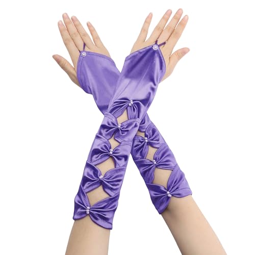 Elerevyo Women Satin Hollow Out Bow Fingerless Elbow Arm Warmers Gloves