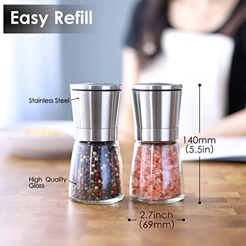 Vzaahu Salt and Pepper Grinders 2 Set with Ceramic Core with Storage Base, Adjustable Coarseness, Portable, Refillable Spice Mills,Home Kitchen Birthday, Housewarming Gifts
