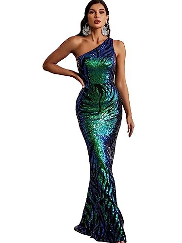 Image of Giffniseti Women's One Shoulder Holographic Sequin Dresses Evening Gown Formal Prom Maxi Dress