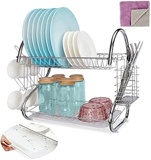 Midyb Dish Drainer Rack, 2 Tier Dish Drying Rack with Drip Tray, Removable Plate Draining Board & Cutlery Holder, Large Capacity Dish Drainers for Kitchen Countertop, Iron