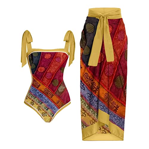 Hanaturu Mujer Vintage Colorblock Abstracto Estampado Floral 1 Pieza Traje de Baño + 1 Pieza Encubrimiento Traje de Baño de Dos Piezas con Estampado Vintage Monokini Bikini Trajes de Baño de 2 Piezas