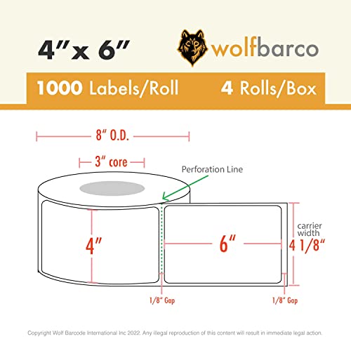 Wolfbarco LTTA004-0006YP1 Thermal Transfer Paper Label/Industrial Grade 4"X 6 Inch Yellow, With Perforation, 3 Inch Core, 8 Inch Od,1000 Labels/Roll (4 Rolls Per Box), Compatible With Zebra, Godex And Datamax Printers thumb #1