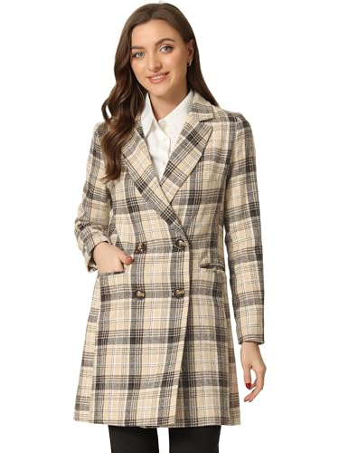 Allegra K Women's Double Breasted Notched Lapel Plaid Trench Blazer