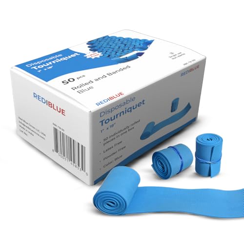 REDIBLUE Disposable Tourniquet [Pack of 50]- Latex Free, Tear Resistant, Single Use Tourniquets for First Aid, Medical, Clinic, Compact and Portable - 1" x 18"