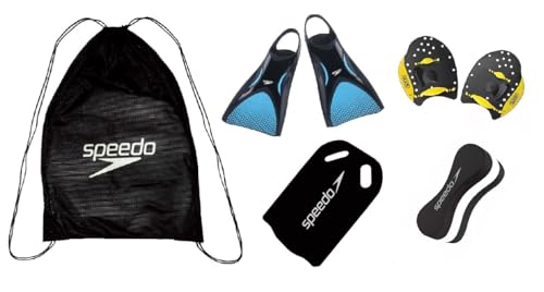 Speedo Kit de Natação Mochila Mesh + Nadadeira Power Fin G 40/42 + Palmar Power Paddles M + Prancha e Flutuador Swim (Preto)