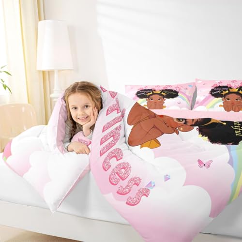 Image of Erosebridal Black Girls Queen Comforter Set Pink Rainbow Princess Bedding Set for Kids Nursery African American Quilt Set Black Princess Girl Duvet Insert Pretty Little Girls Inspirational Bed Set