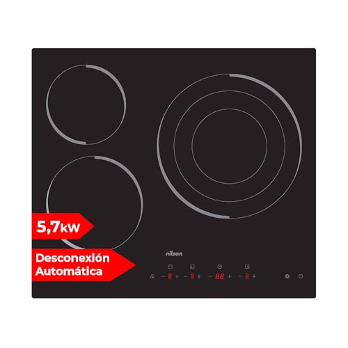 Nilson Placa Vitrocerámica Cristal Negro NV3600. Potencia máx. 5700 W, 3 Zonas de Cocción, 9 Niveles de Cocción, Control Táctil, Bloqueo y Autodesconexión de Seguridad