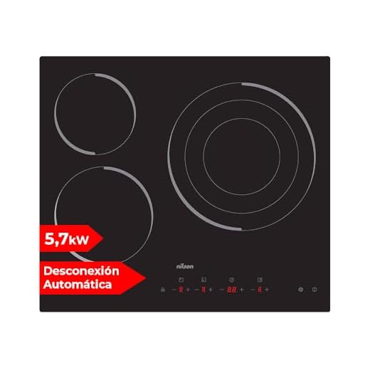 Nilson Placa Vitrocerámica Cristal Negro NV3600. Potencia máx. 5700 W, 3 Zonas de Cocción, 9 Niveles de Cocción, Control Táctil, Bloqueo y Autodesconexión de Seguridad, Diámetros 16-20-30 cm