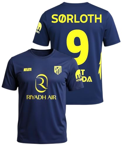 Atletico de Madrid - Camiseta Segunda Equipación 2025 2026 | SØRLOTH Nº9 | Diseño Azul Marino con Amarillo | Licencia Oficial | Aficionados y Fans (FR/ES, Letras, XXL, Regular, Regular)