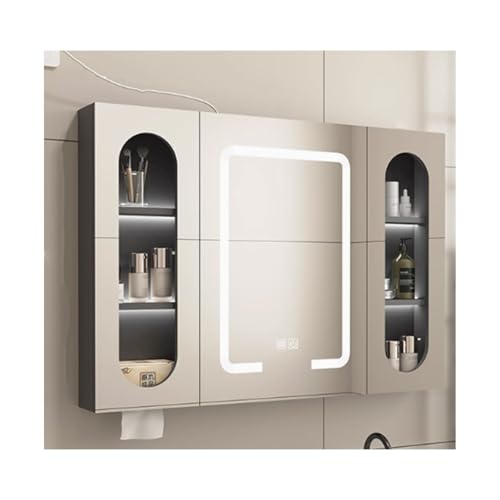 Armario de baño LED con función antivaho, unidad de almacenamiento montada en la pared, luz regulable de 3 colores, elegante espejo de tocador de baño con estante