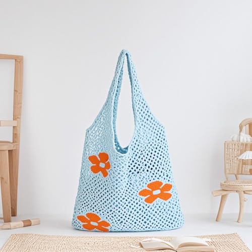 Knitted Flower Design Beach Mesh Tote Bag for Women, Stylish Shoulder Handbag Perfect for Grocery Shopping