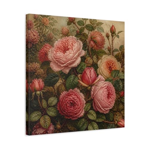 Tableau de fleurs rétro Floral Roses Pink et vert pour salon vintage 50x50