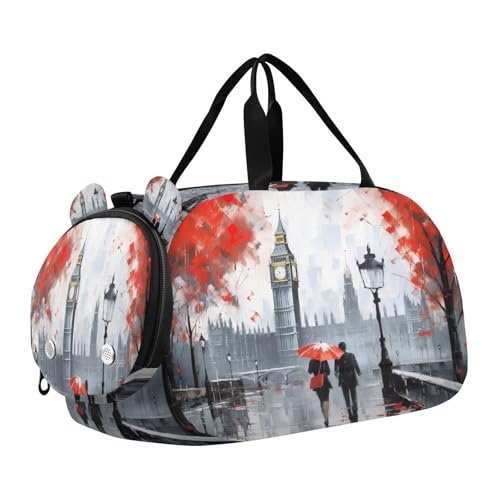 YETTASBIN Sport Travel Duffel Bag for Girls Boys, London Landscape Large Waterproof Weekender Overnight Bag, Detachable Shoulder Strap Gym Bag with Shoe Compartment & Wet Pocket