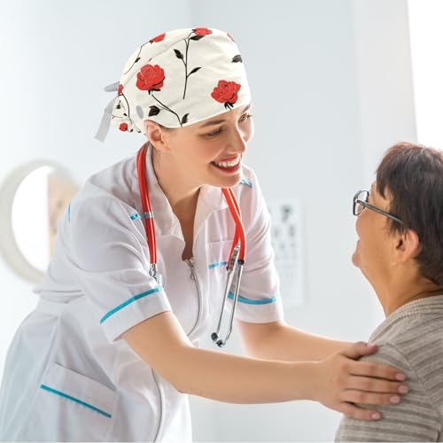 Image of Red Blooming Rose Flowers Black Working Cap with Scrunchy and Ribbon Tie for Women, Long Hair