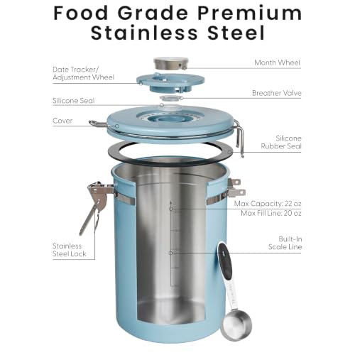 Image of Veken Coffee Canister with Window, Airtight Stainless Steel Container, 22OZ | Date Tracker,Kitchen Food Storage Organizers for Beans, Ground, Espresso, Rice,Tea, Sugar,Cereal, Gifts,Lids,Jars,Scoop, Blue