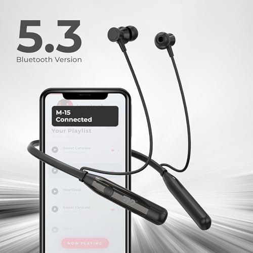 Image of RD Telinet M-15 Jolt Wireless Bluetooth Neckband Earphones, 66H Playtime, 15mm Dynamic Drivers, Bluetooth v5.3, ENC Calling, Dual Device Pairing, Fast Charging, IPX5 Water Resistant - Black