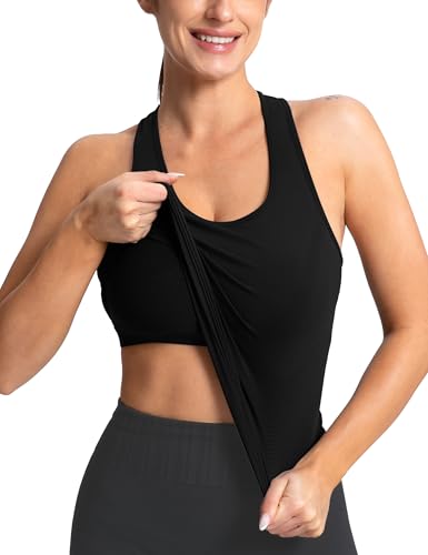 MathCat Workout Racerback Tank Tops for Women, Seamless Padded Athletic Yoga Running Tops Camisole Shirts with Built in Bra Black