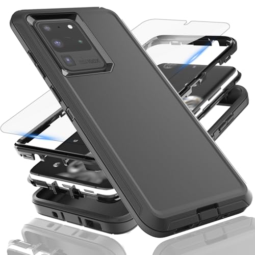 GuardCase Handyhülle für Samsung Galaxy S20 Ultra 5G Hülle Militärklasse 3 in 1 Schwere stoßfeste/stürzsichere/staubfeste Handyhülle mit 1 Bildschirmschutzfolie für S20 Ultra 5G 6.9(schwarz)