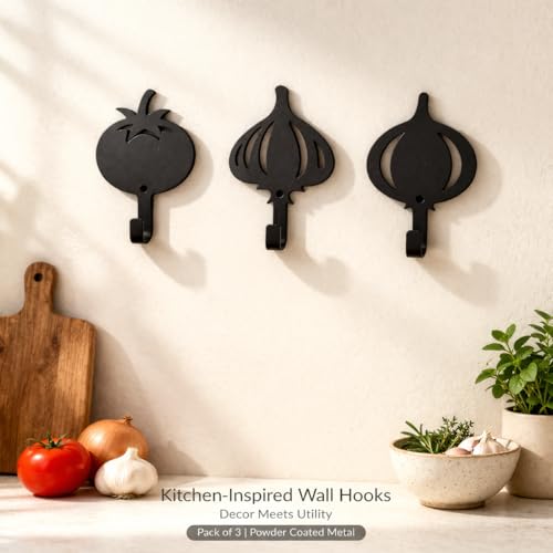 Image of Kitchen Wall Hooks Set of 3 | Heavy Duty Metal Wall Hooks | Matte Black Powder Coated | Decorative Key Holder & Towel Hanger for Kitchen & Home Decor