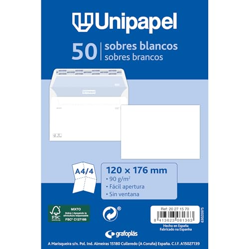 Unipapel - Pack 50 Sobres Papel 90g Blancos, 120x176mm, Cierre Recto con Tira Autoadhesiva Silicona Autodesk, Fácil Apertura, Certificado FSC, Perfecto para Cartas a4 Plegadas en 4