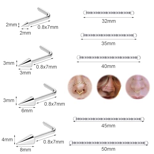 20G Spike Nose Rings Studs with Chains Stainless Steel Spike Nostril Ring Stud Chain Black Rook Corkscrew Ring L-Shaped Nose Piercing Jewelry Nose Piercing Stud Lip Piercing Jewelry Black Silver Gold2