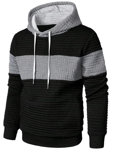 SweatyRocks Men's Hooded Sweatshirt Waffle Long Sleeve Drawstring Knit Color Block Hoodies Pullover