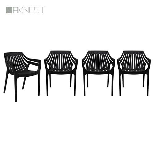 Image of OAKNEST Supreme Spectrum Plastic Arm Chair - Modern Slatted Stackable Chair for Living Room, Dining, Garden, Balcony, Restaurant & Cafe | Weatherproof Indoor Outdoor Designer Chair, Set of 4, Black