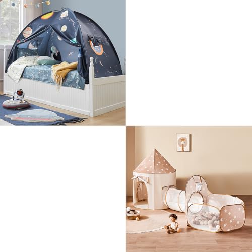 Tiny Land Kids Play Tent with Tunnel, Pop Up Play Tent with Ball Pits for Toddlers, Space Galaxy Bed Tent for Kids – Sleep Bed Canopy with 9 Planets